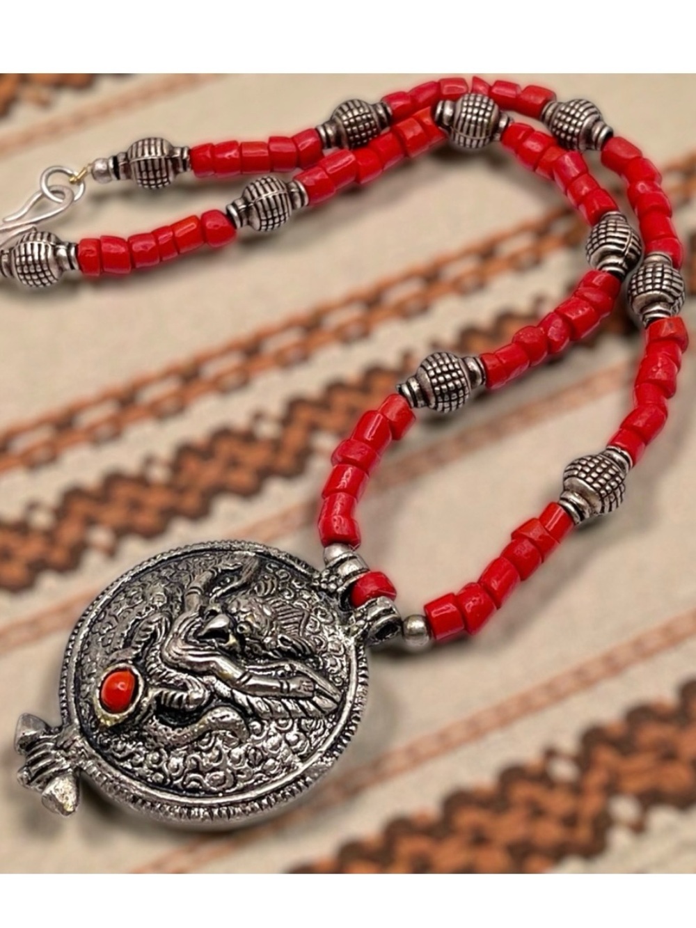 Ethnic Vintage Nepali or Tibetan Silver and Coral Necklace Dragon Repoussé